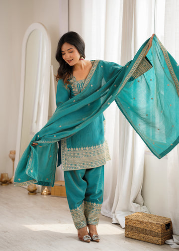Lorenvalley Fashion Teal Vichitra Silk Embroidery Sequence Dori And Jari Work Kutra Farshi Salwar With Dupatta - Dista
