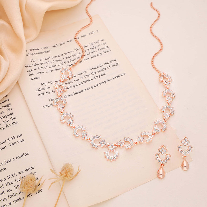 Tehzeeb Creations Gold-Polished White Diamond Necklace With Earrings - Distacart