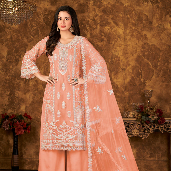 Anaita Orange Embroidered Net Plazzo Suit - Distacart