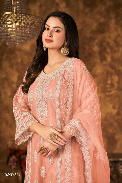 Anaita Orange Embroidered Net Plazzo Suit - Distacart