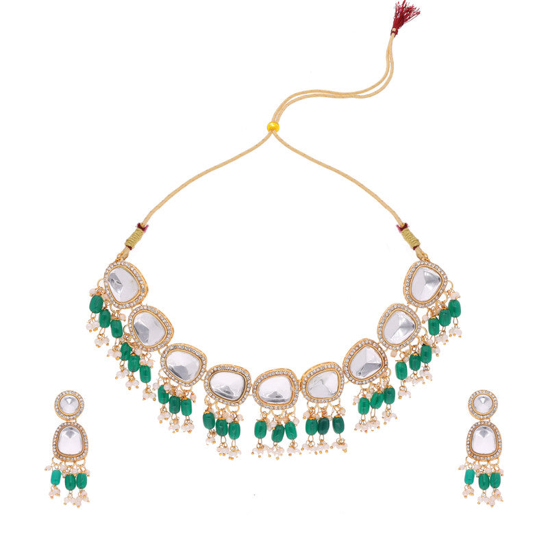 Tehzeeb Creations Gold-Polished Kundan Green Colour Necklace With Earrings - Distacart