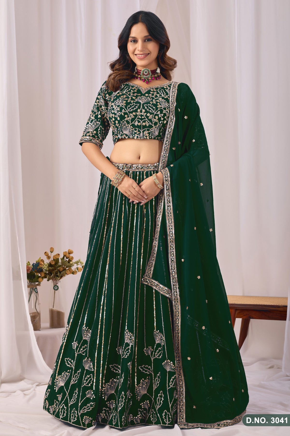 Anaita D Green Faux Georgette Semi Stitched Lehenga Choli With Embroidered & Sequence Work
