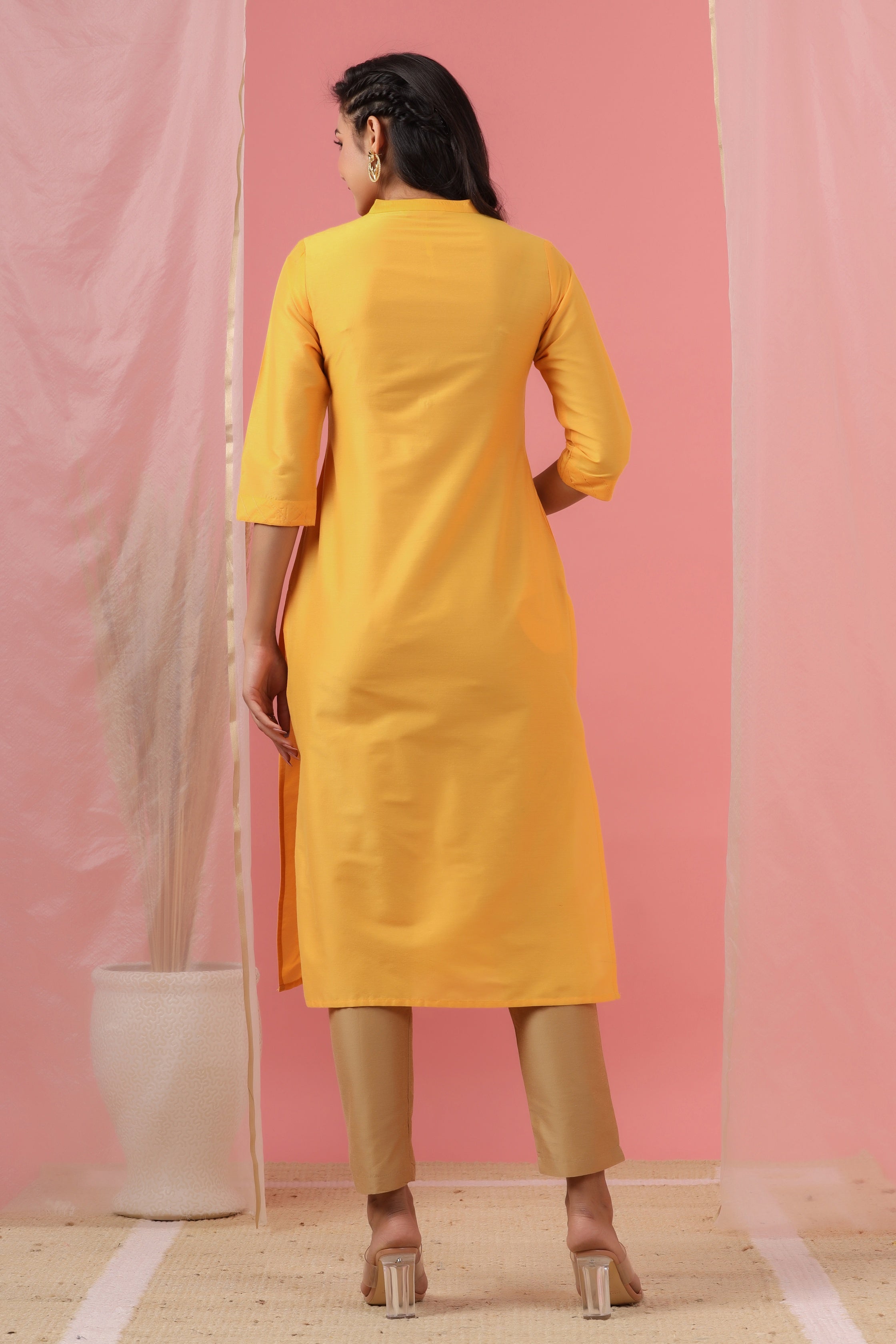 Juniper Women's Mustard Tussar Silk Solid Straight Kurta - Distacart