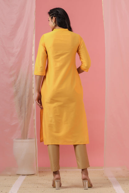 Juniper Women's Mustard Tussar Silk Solid Straight Kurta - Distacart