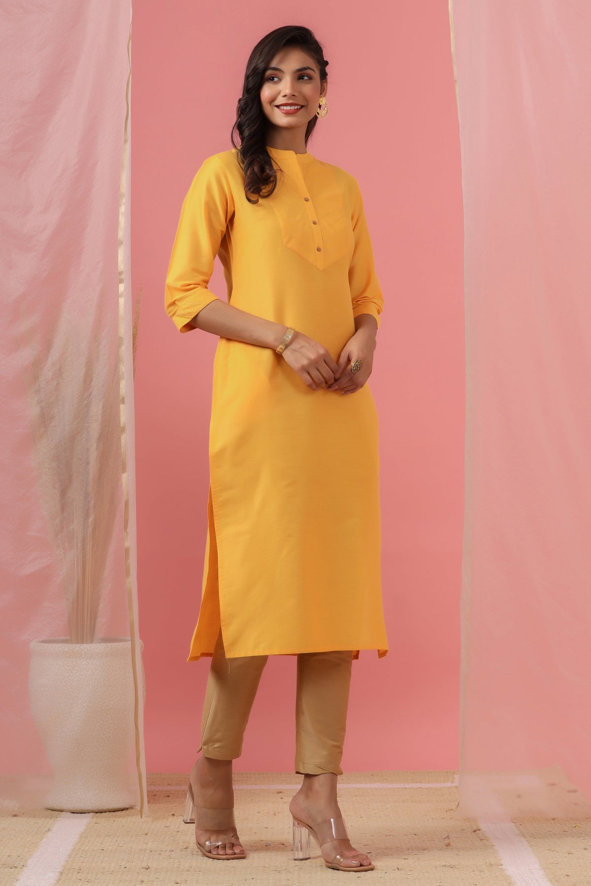Juniper Women's Mustard Tussar Silk Solid Straight Kurta - Distacart