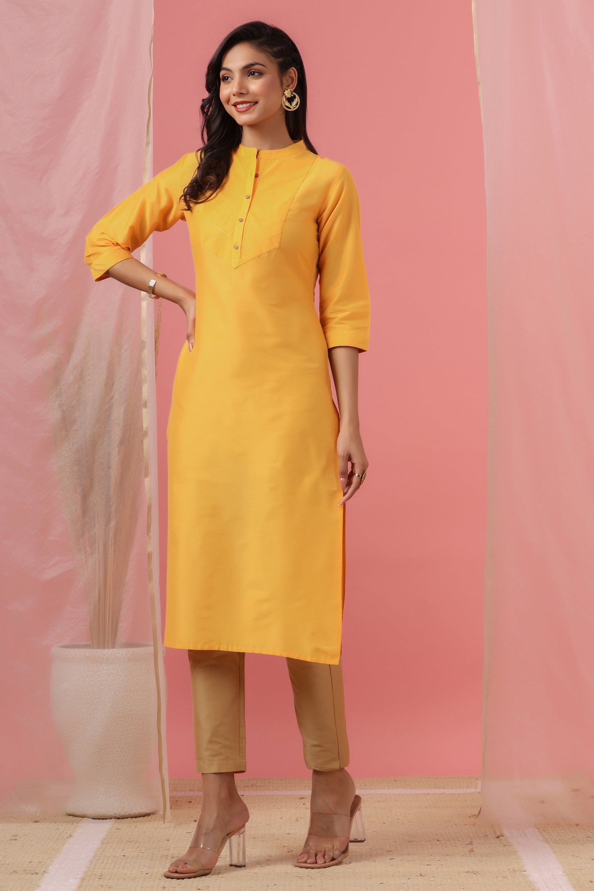 Juniper Women's Mustard Tussar Silk Solid Straight Kurta - Distacart
