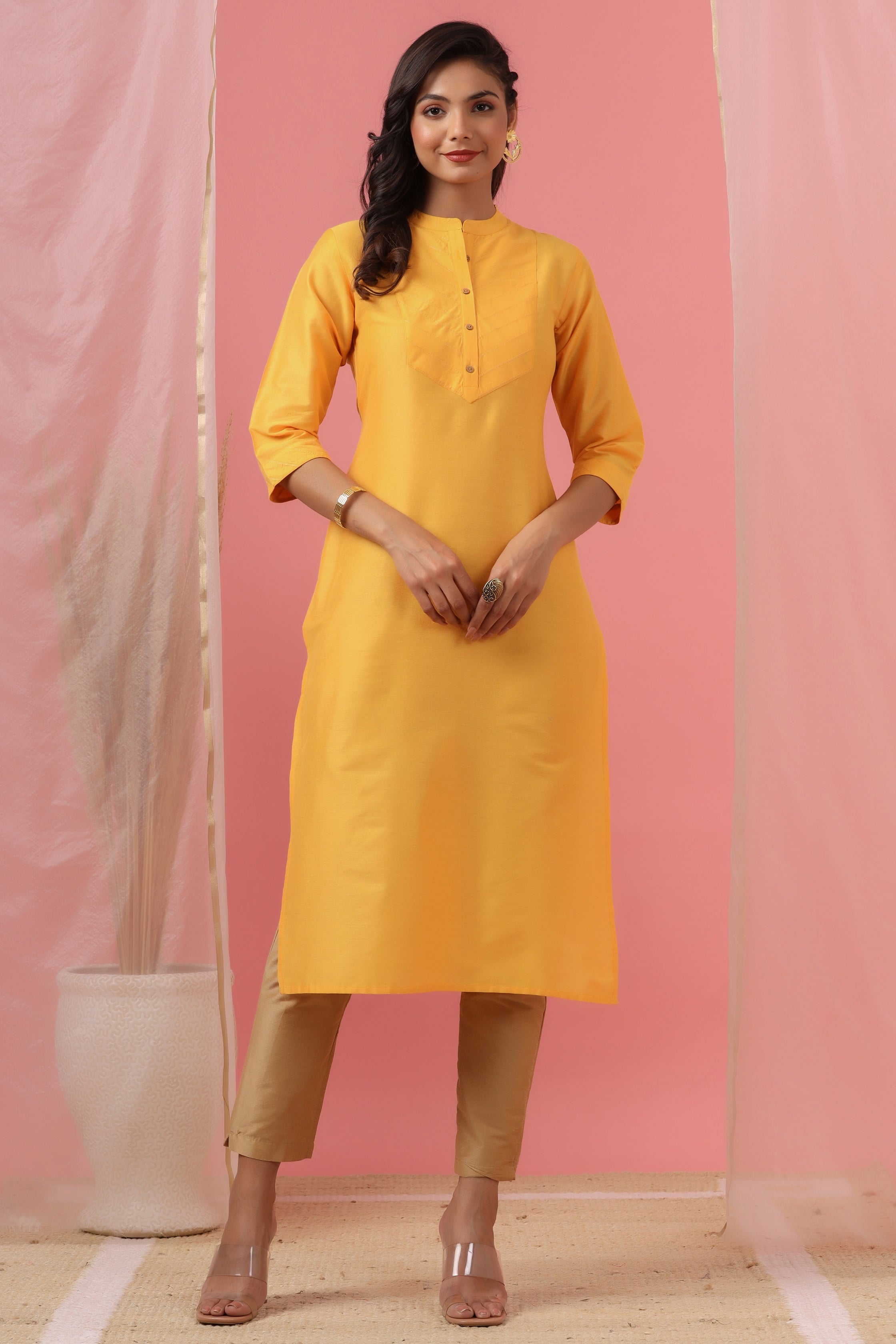 Juniper Women's Mustard Tussar Silk Solid Straight Kurta - Distacart