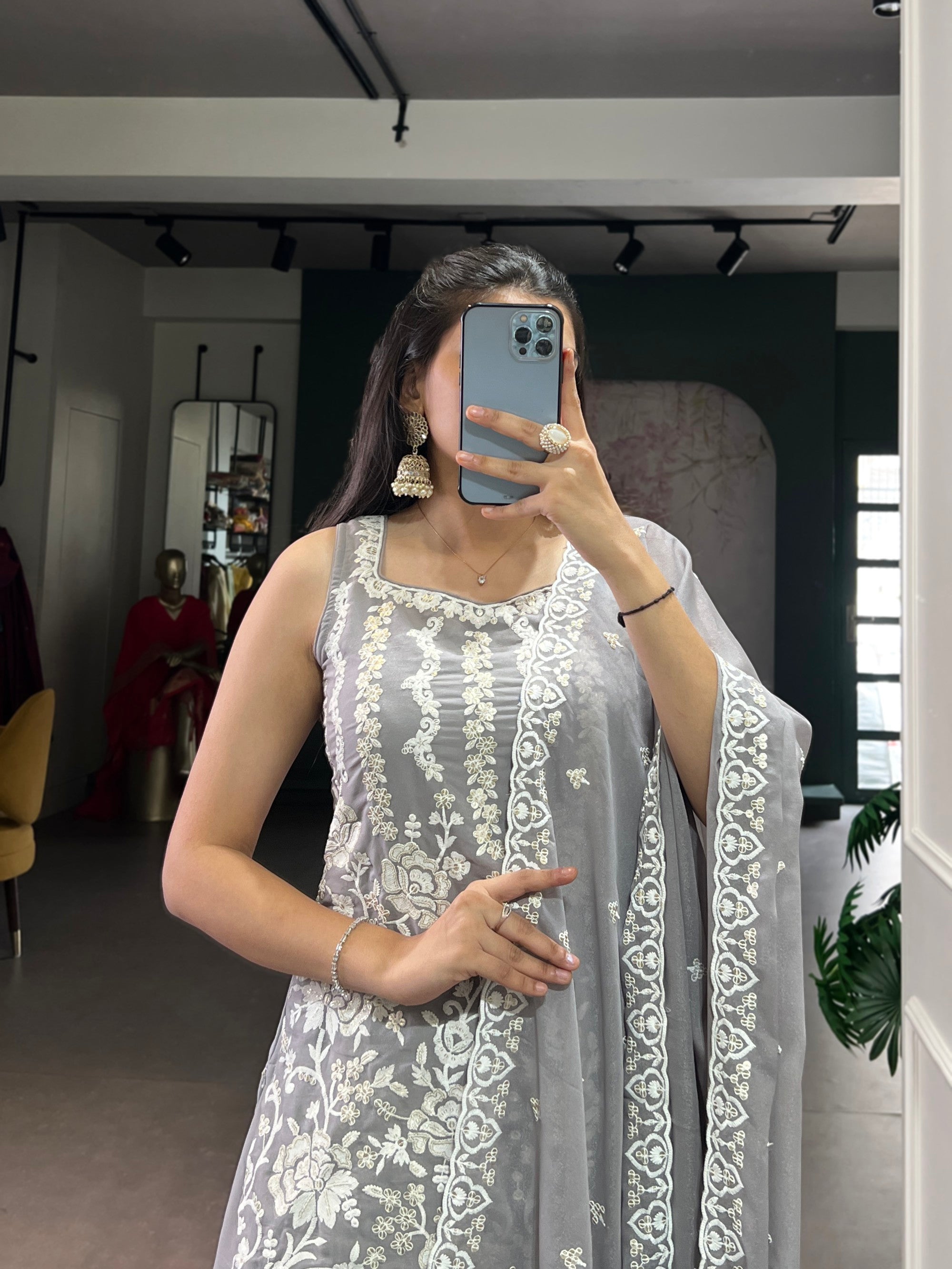 Lorenvalley Fashion Star Georgette Sequins and Thread Embroidery Work Kurta Palazzo Set