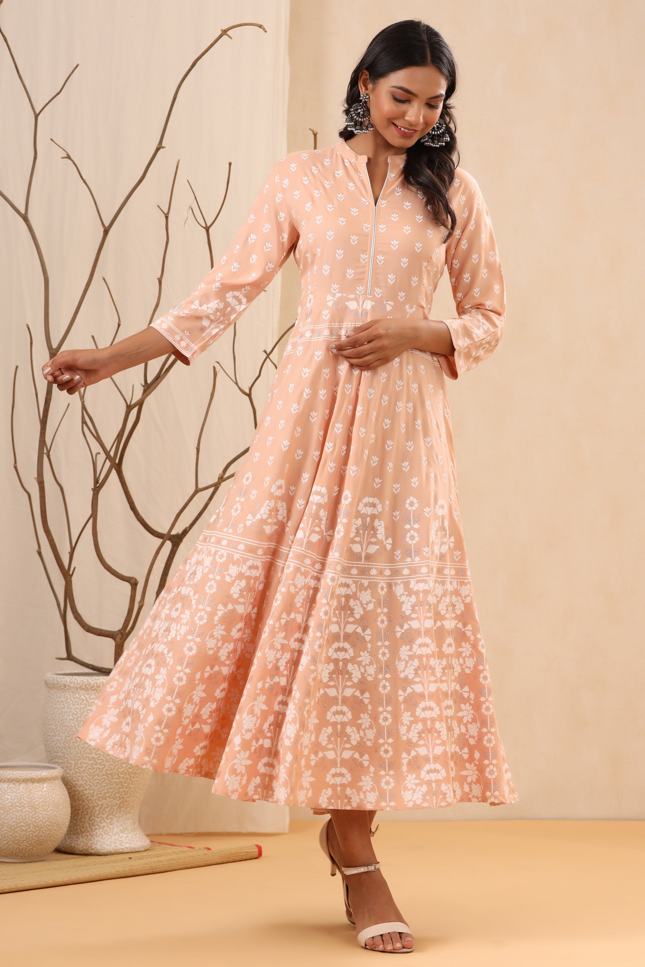 Juniper Women's Peach Ethnic Motif Printed Rayon Maxi Dress - Distacart