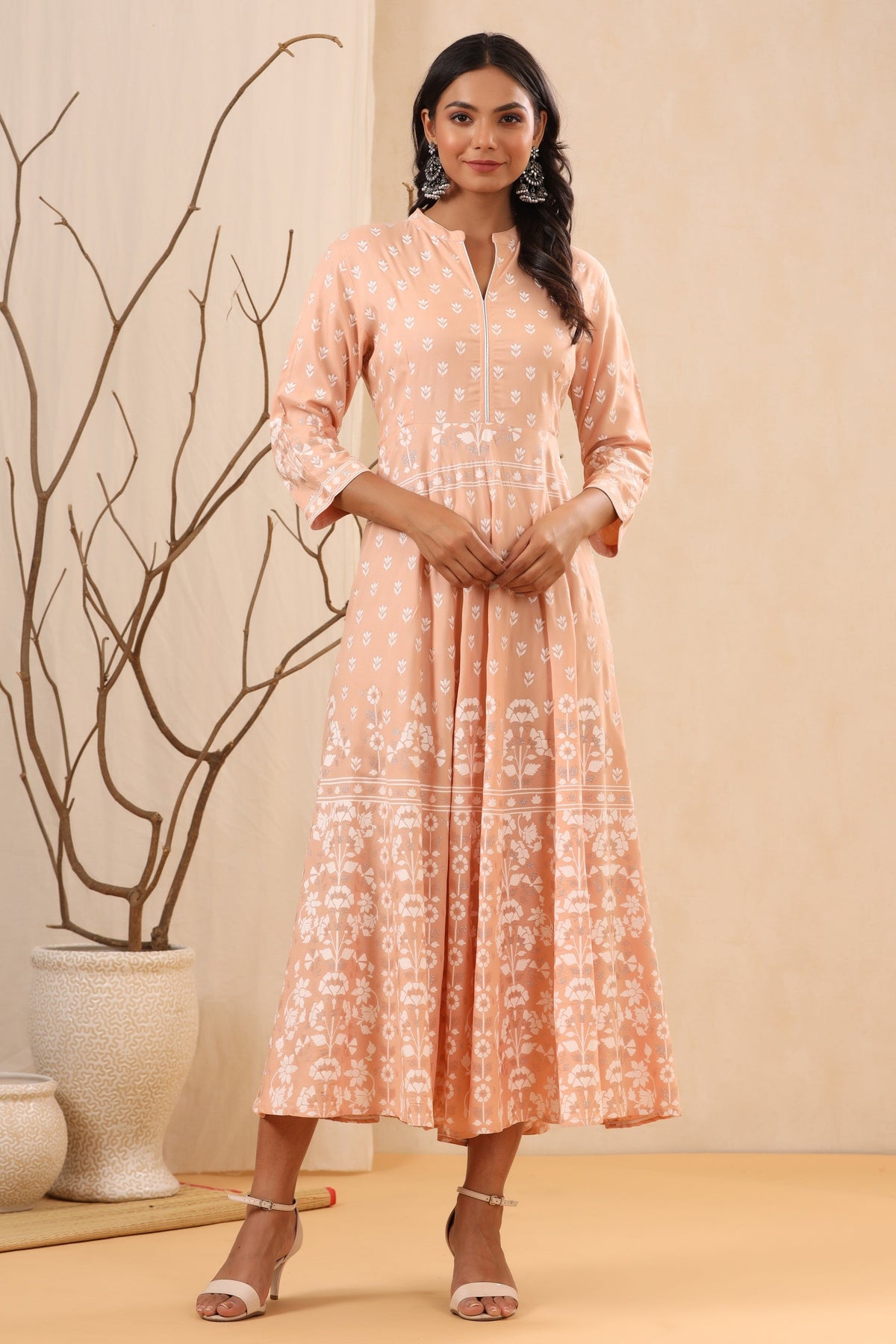 Juniper Women's Peach Ethnic Motif Printed Rayon Maxi Dress