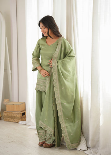 Lorenvalley Fashion Pista Glass Roman Silk with Embroidery Sequence Dori and Jari Work Kurta Farshi Salwar with Dupatta - Dista