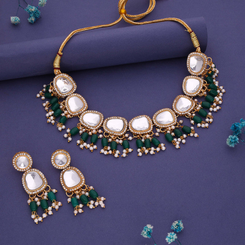Tehzeeb Creations Gold-Polished Kundan Green Colour Necklace With Earrings - Distacart