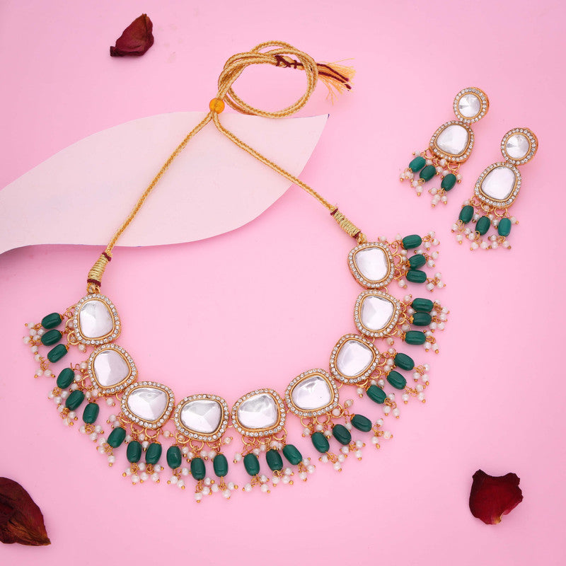 Tehzeeb Creations Gold-Polished Kundan Green Colour Necklace With Earrings - Distacart