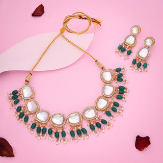 Tehzeeb Creations Gold-Polished Kundan Green Colour Necklace With Earrings - Distacart