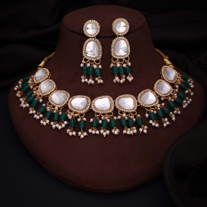 Tehzeeb Creations Gold-Polished Kundan Green Colour Necklace With Earrings - Distacart