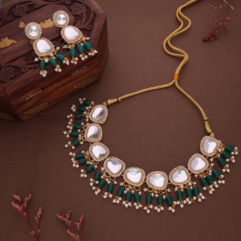 Tehzeeb Creations Gold-Polished Kundan Green Colour Necklace With Earrings - Distacart