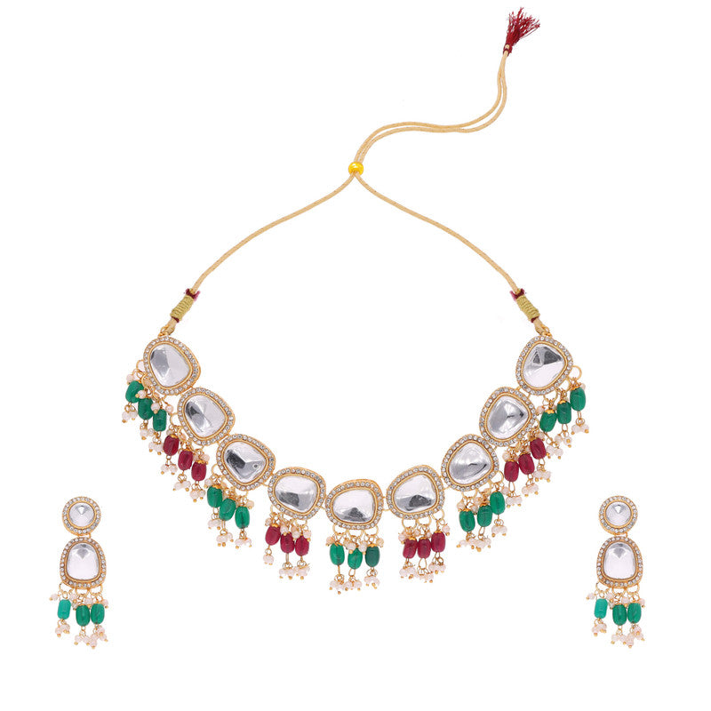 Tehzeeb Creations Gold-Polished Kundan Green & Maroon Colour Necklace With Earrings - Distacart