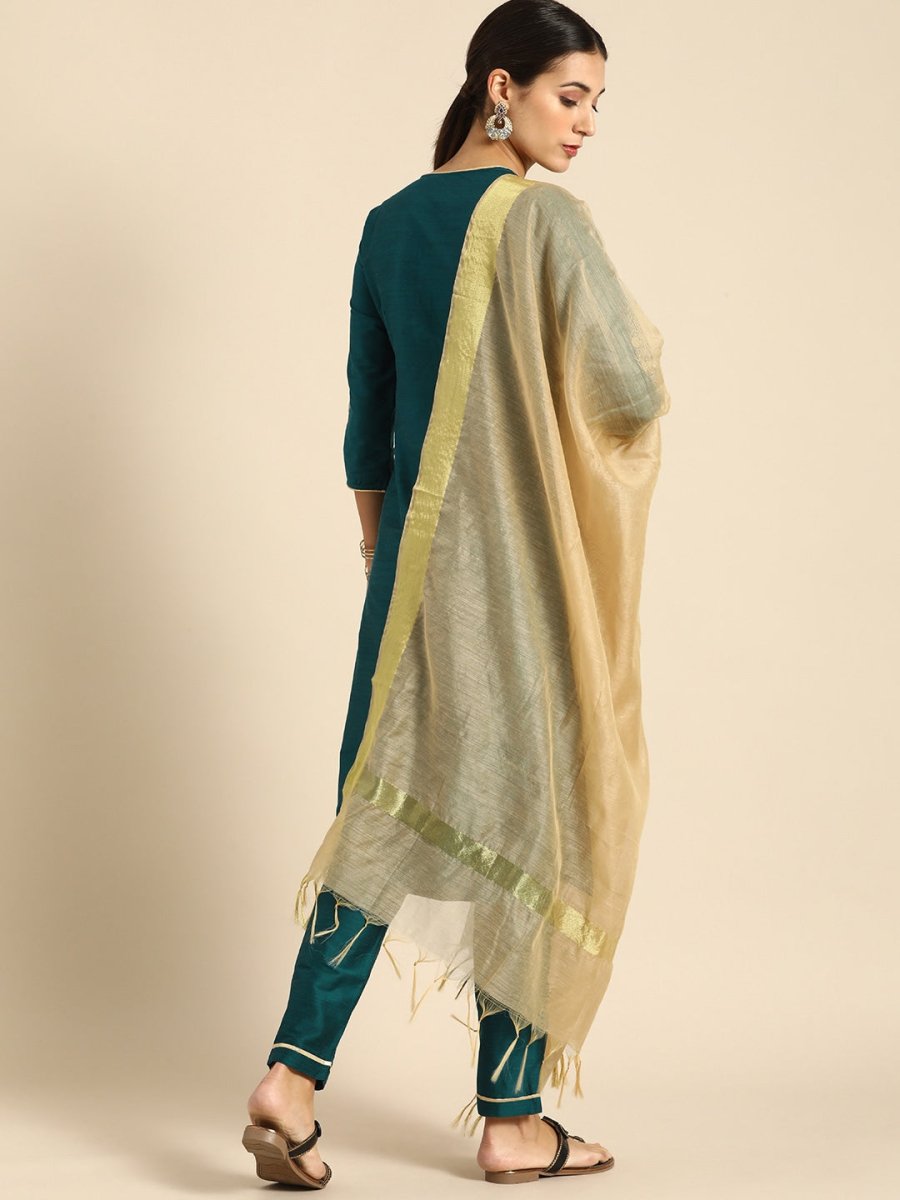 All About You Women Green & Gold-Toned Embroidered Sequinned Kurta with Trousers & Dupatta - Distacart