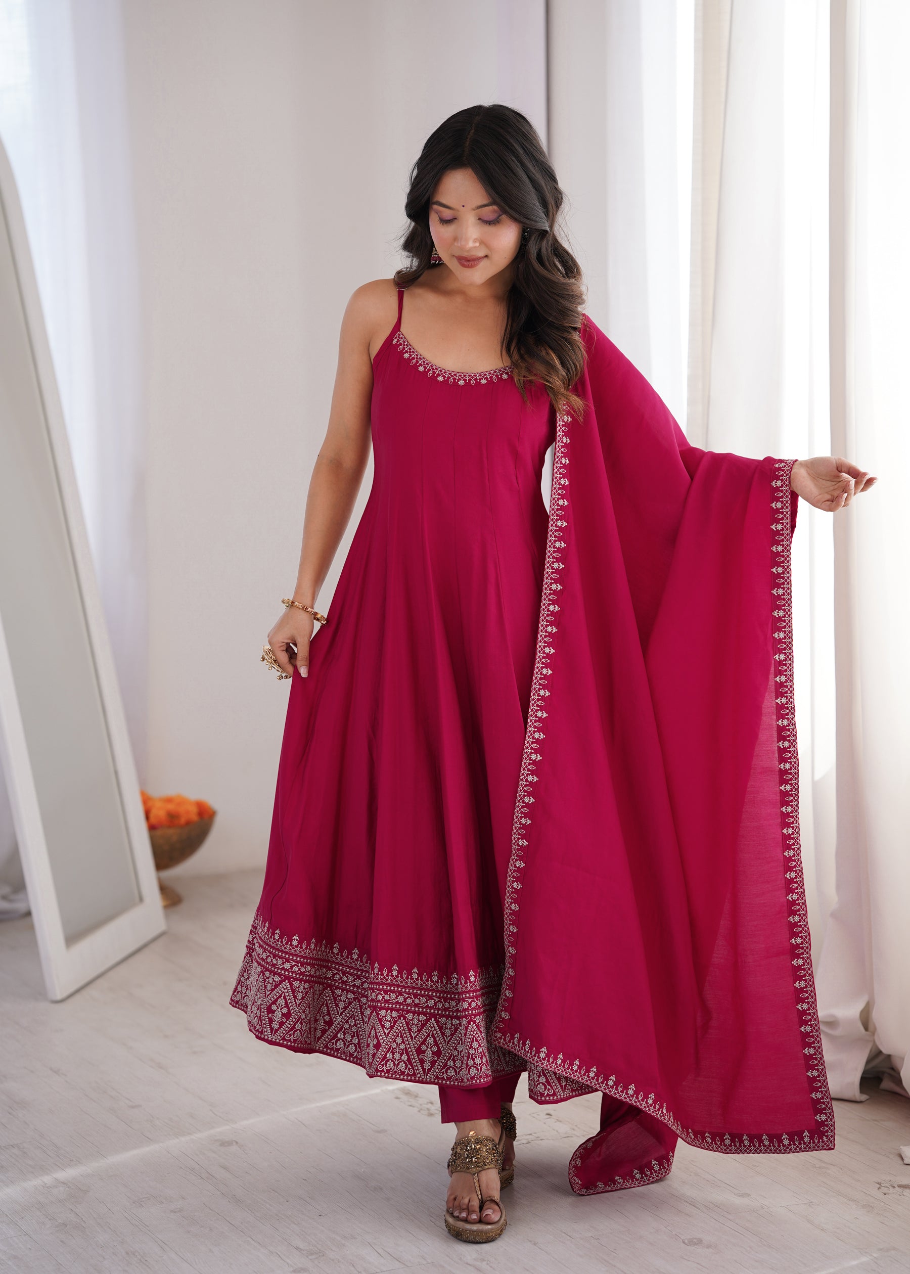 Lorenvalley Fashion Rani Pink Roman Silk Chanderi Embroidery Thread Work Lace Anarkali Gown Pant with Dupatta - Dista
