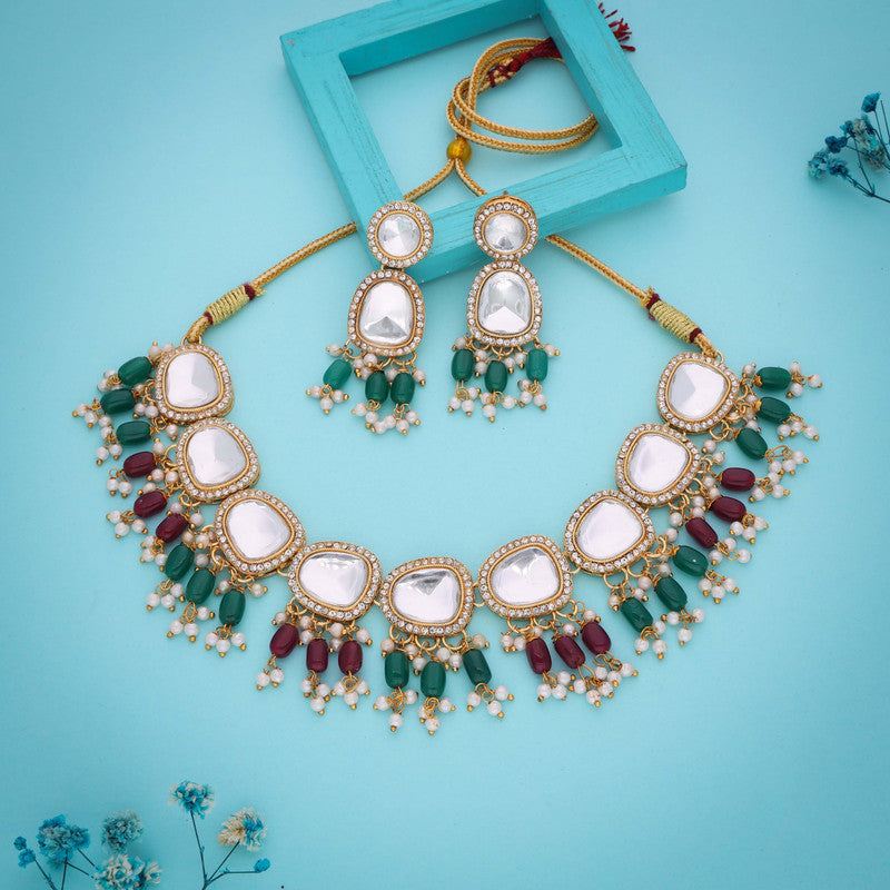 Tehzeeb Creations Gold-Polished Kundan Green & Maroon Colour Necklace With Earrings - Distacart