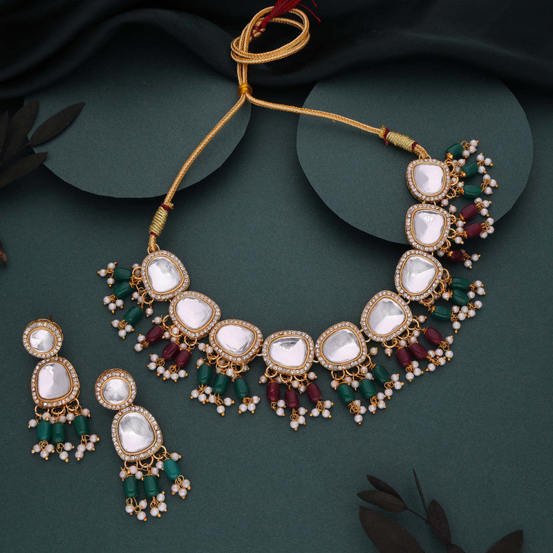 Tehzeeb Creations Gold-Polished Kundan Green & Maroon Colour Necklace With Earrings - Distacart