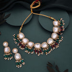 Thumbnail for Tehzeeb Creations Gold-Polished Kundan Green & Maroon Colour Necklace With Earrings - Distacart