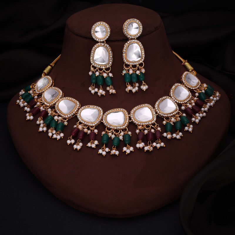 Tehzeeb Creations Gold-Polished Kundan Green & Maroon Colour Necklace With Earrings - Distacart