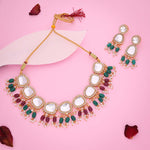 Thumbnail for Tehzeeb Creations Gold-Polished Kundan Green & Maroon Colour Necklace With Earrings - Distacart
