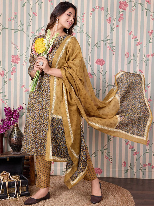 Ode by House of Pataudi Floral Printed Regular Pure Cotton Kurta with Trousers & Dupatta - Distacart