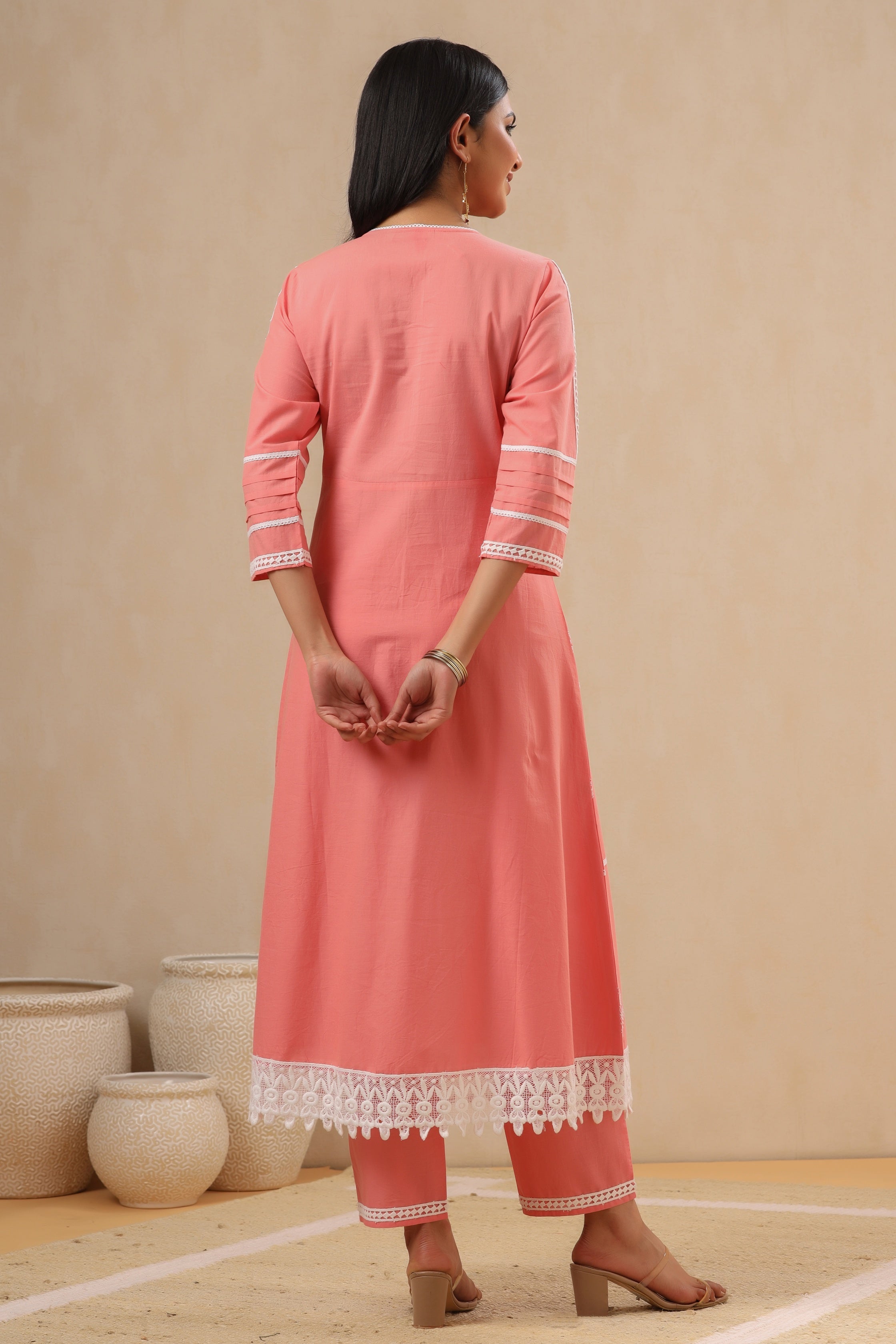 Juniper Pink Pure Cotton Lacy Kurta & Pants With Thread Embroidery - Distacart