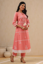 Thumbnail for Juniper Pink Pure Cotton Lacy Kurta & Pants With Thread Embroidery - Distacart