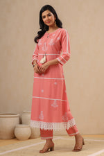 Thumbnail for Juniper Pink Pure Cotton Lacy Kurta & Pants With Thread Embroidery - Distacart