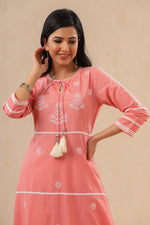 Thumbnail for Juniper Pink Pure Cotton Lacy Kurta & Pants With Thread Embroidery - Distacart