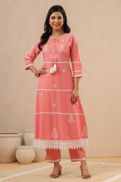 Juniper Pink Pure Cotton Lacy Kurta & Pants With Thread Embroidery - Distacart