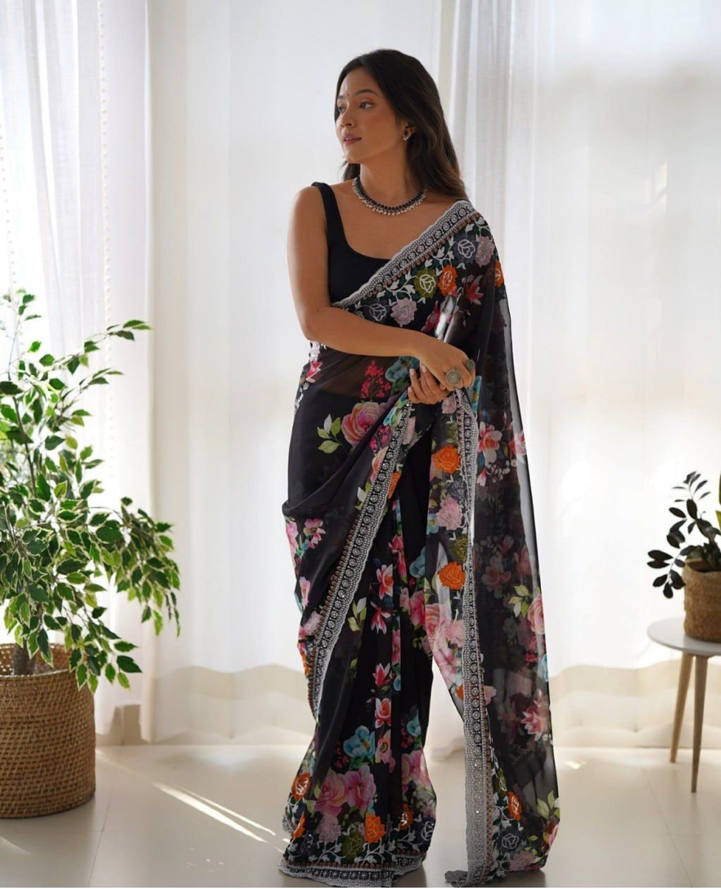 Teeya Creation Black Color Georgette Embroidery Work With Digital Print Saree - Distacart