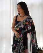 Thumbnail for Teeya Creation Black Color Georgette Embroidery Work With Digital Print Saree - Distacart