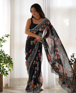 Thumbnail for Teeya Creation Black Color Georgette Embroidery Work With Digital Print Saree - Distacart