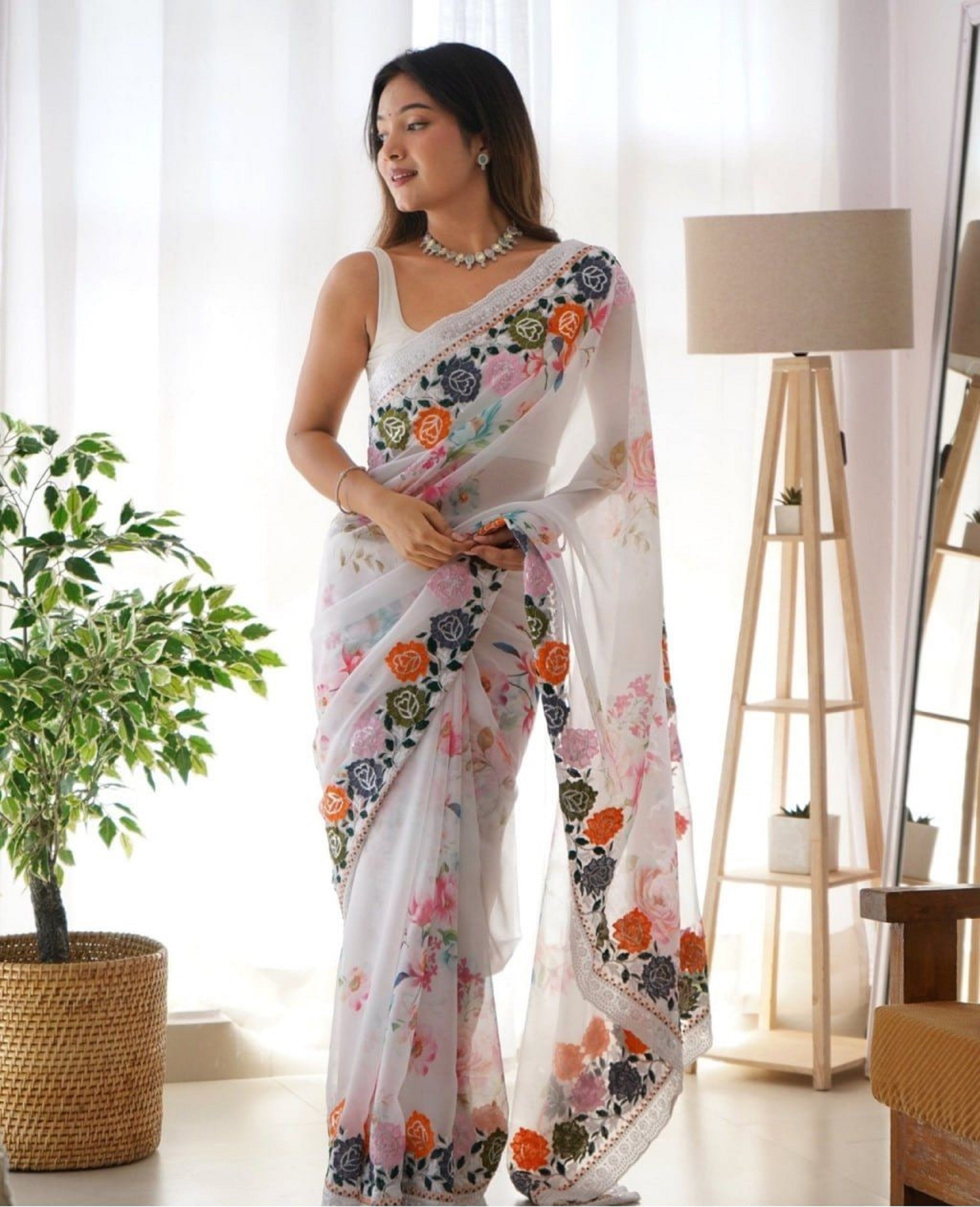 Teeya Creation Black Color Georgette Embroidery Work With Digital Print Saree - Distacart