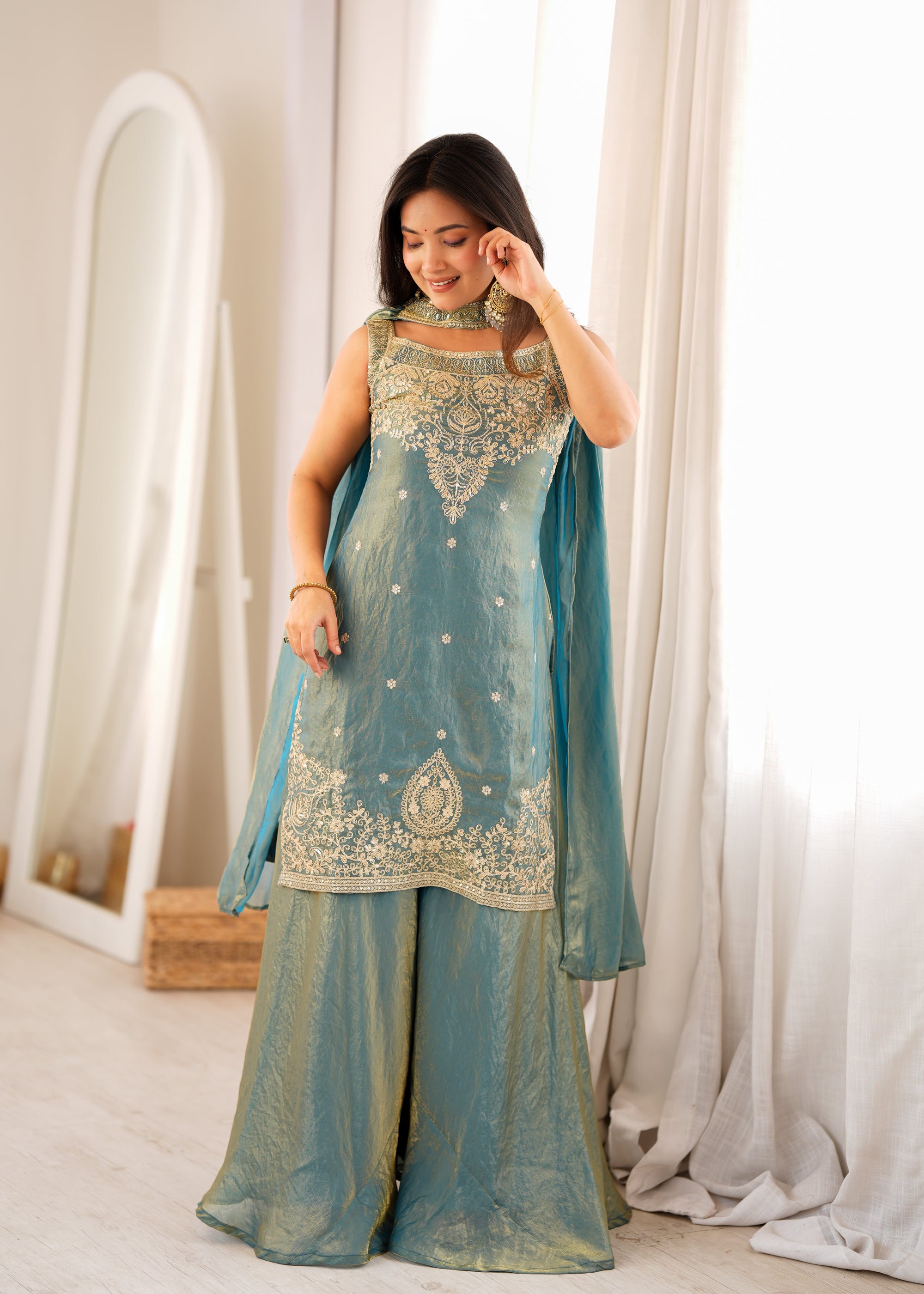 Lorenvalley Fashion Sea Green Fendy Silk with Embroidery Sequence Dori and Jari Work Kurta Sharara with Dupatta - Dista
