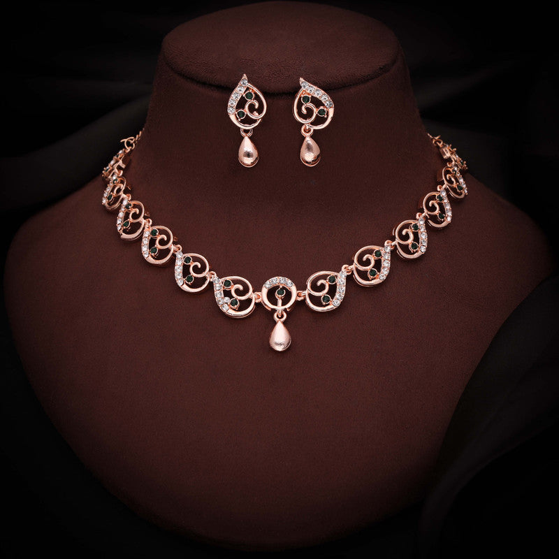 Tehzeeb Creations Brass Rose Gold-Polished Green Colour Necklace With Earrings - Distacart