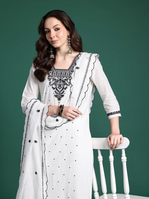 Indo Era Floral Embroidered Pure Cotton Kurta with Trousers & Dupatta