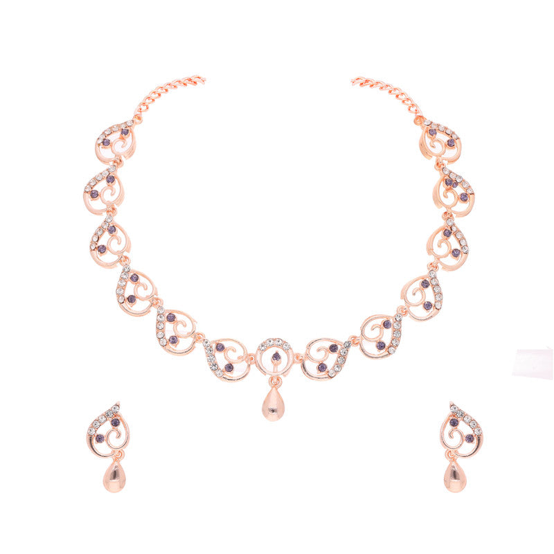 Tehzeeb Creations Brass Rose Gold-Polished Lavender Colour Necklace With Earrings - Distacart