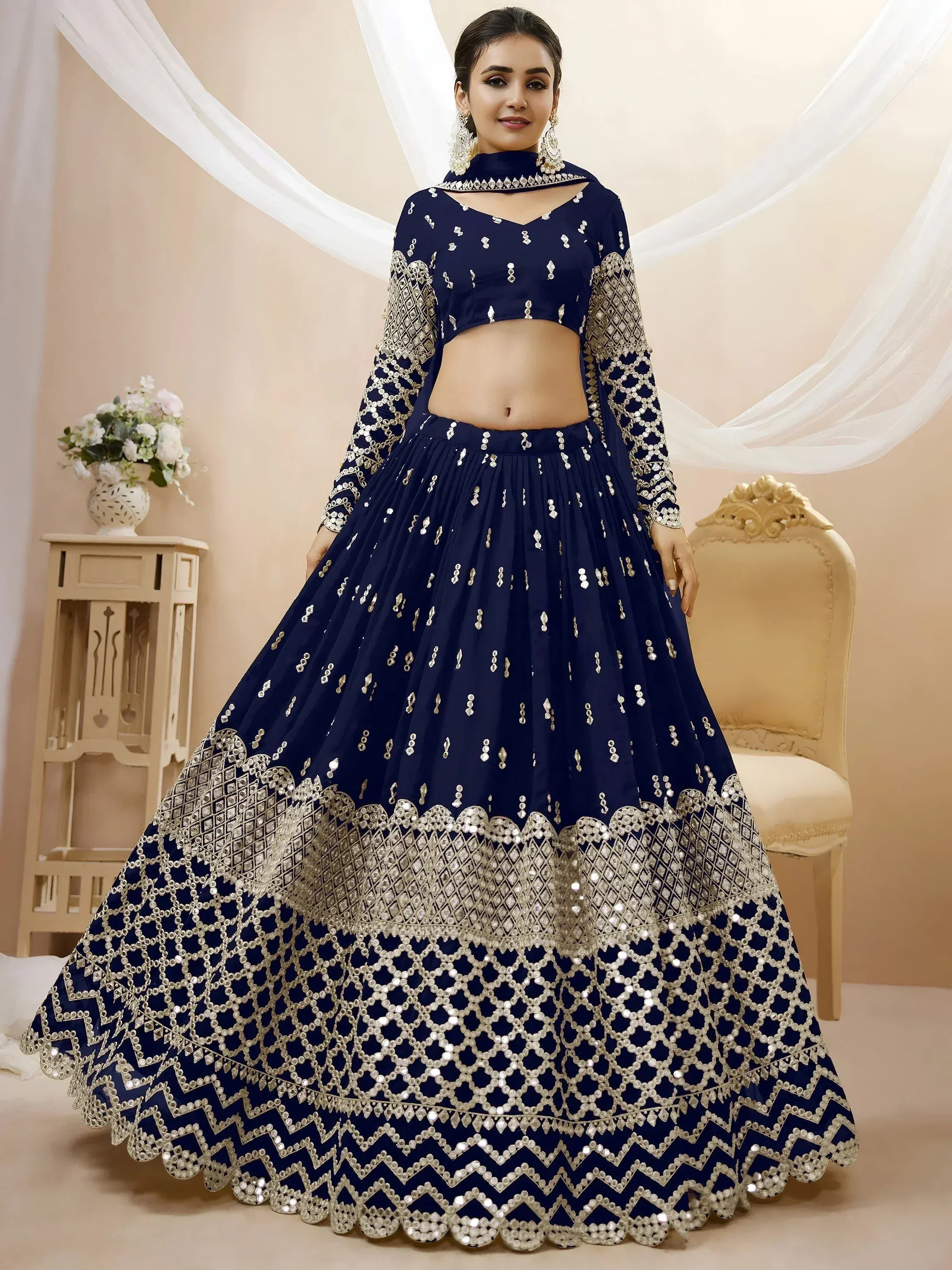 Tulsi Art Appealing Navy Blue Sequin Georgette Reception Wear Lehenga Choli