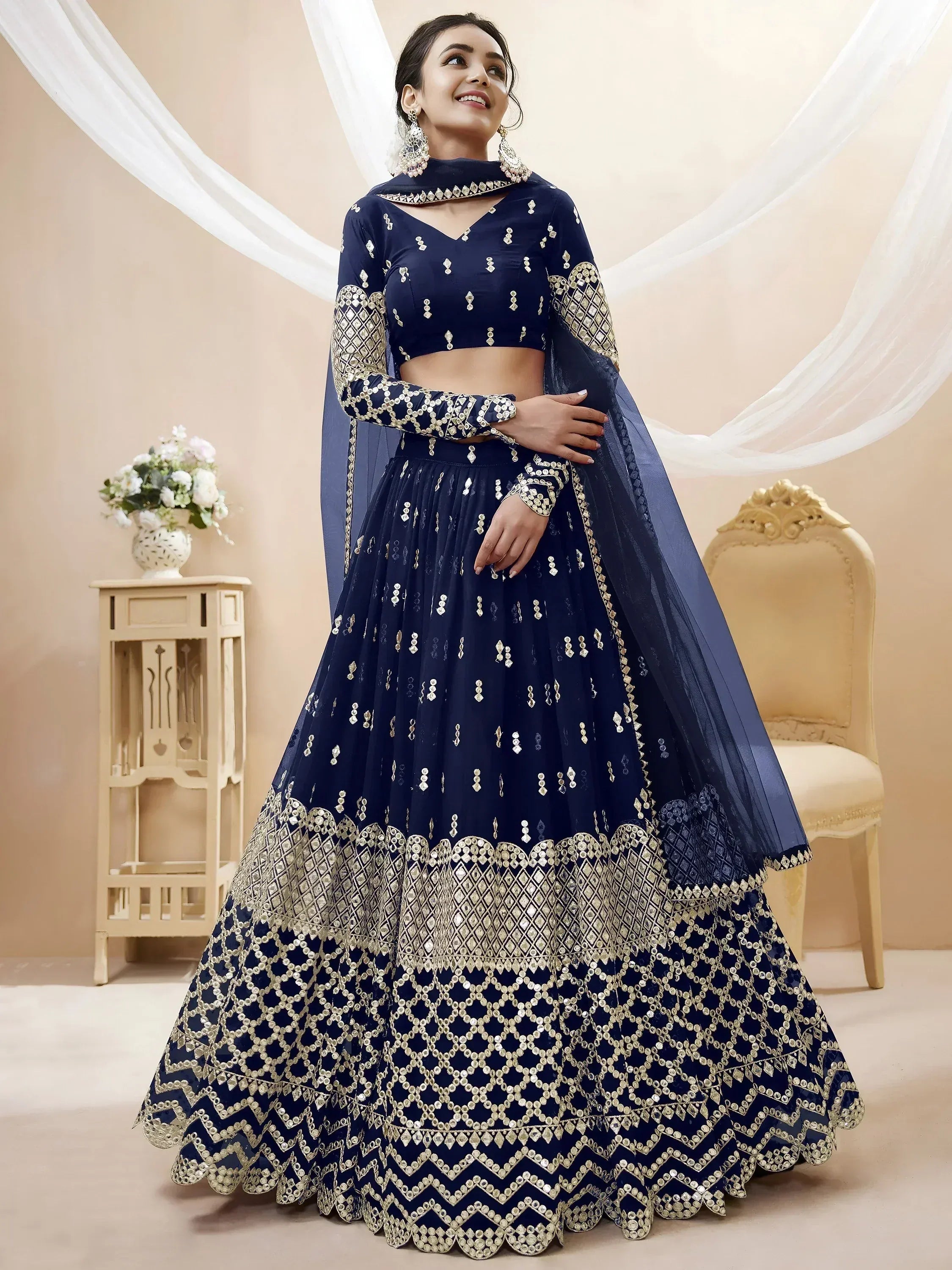 Tulsi Art Appealing Navy Blue Sequin Georgette Reception Wear Lehenga Choli - Dista