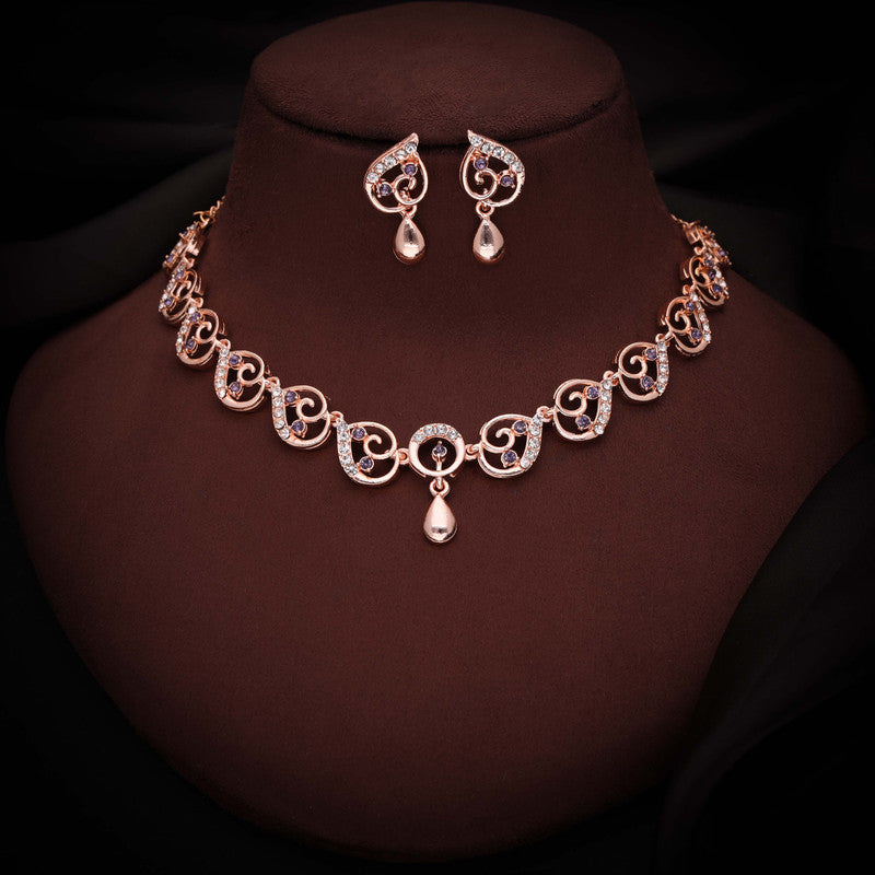 Tehzeeb Creations Brass Rose Gold-Polished Lavender Colour Necklace With Earrings - Distacart
