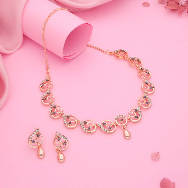 Tehzeeb Creations Brass Rose Gold-Polished Lavender Colour Necklace With Earrings - Distacart