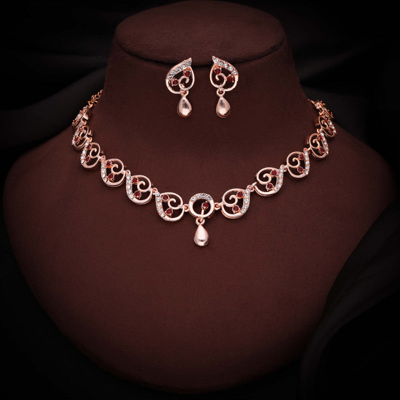 Tehzeeb Creations Brass Rose Gold-Polished Maroon Colour Necklace With Earrings - Distacart