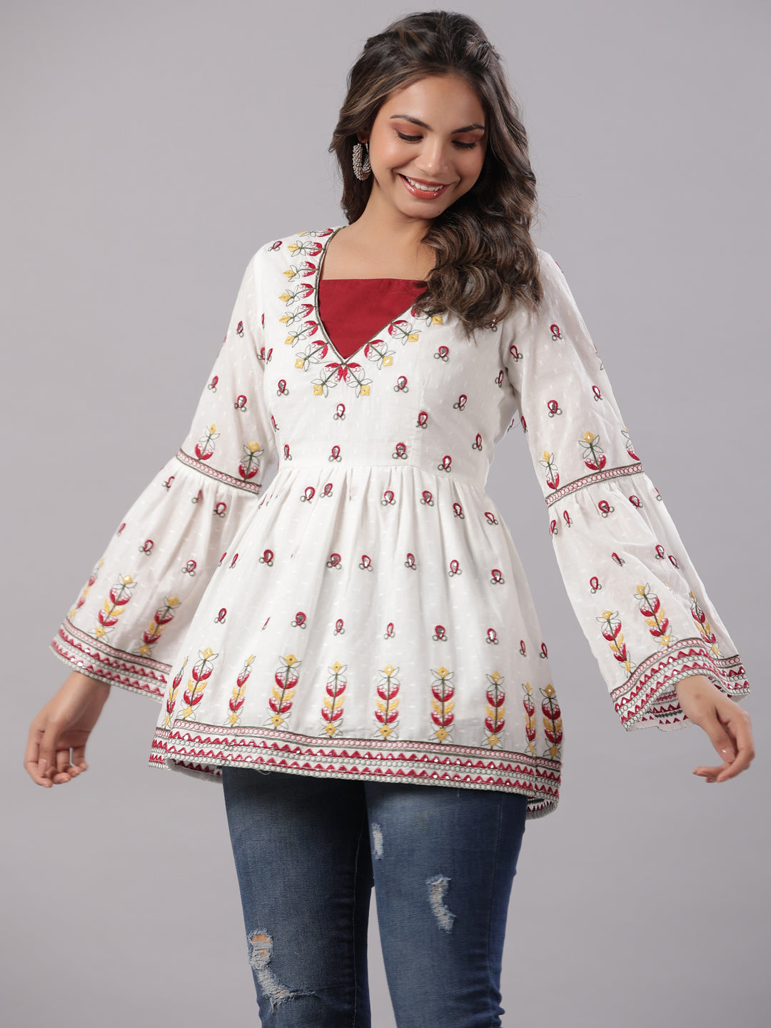 Juniper Multi-Color Cotton Dobby Peplum Tunic With Thread & Mirror Embroidery - Distacart