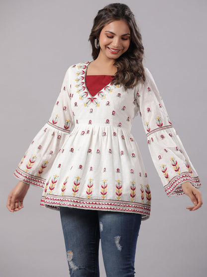 Juniper Multi-Color Cotton Dobby Peplum Tunic With Thread & Mirror Embroidery - Distacart