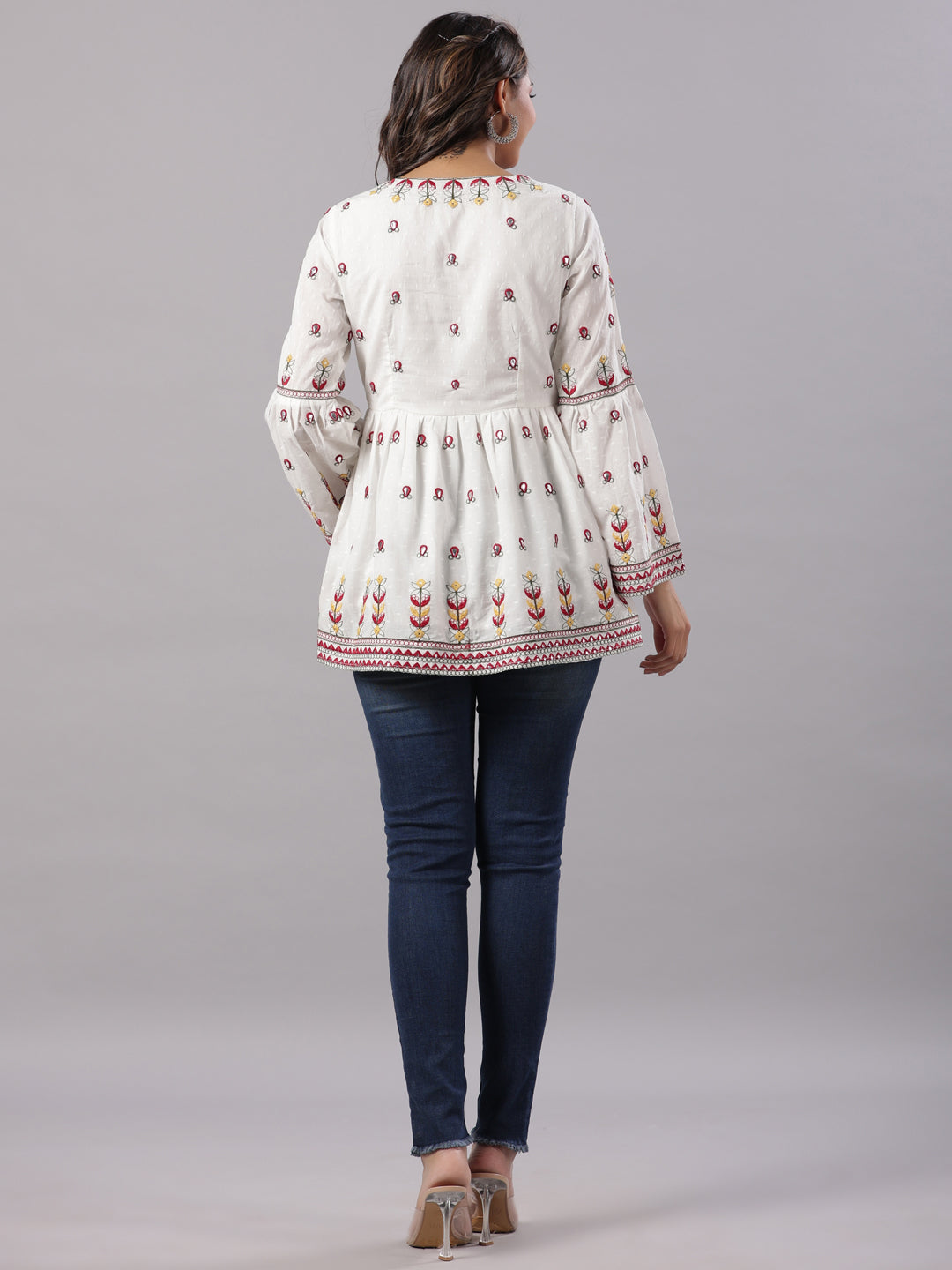 Juniper Multi-Color Cotton Dobby Peplum Tunic With Thread & Mirror Embroidery - Distacart